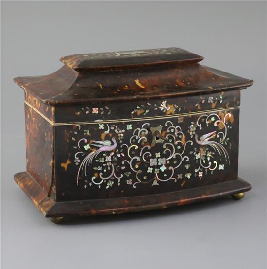 A Regency mother of pearl inlaid tortoiseshell tea caddy, width 8in. depth 5.5in. height 5.5in.